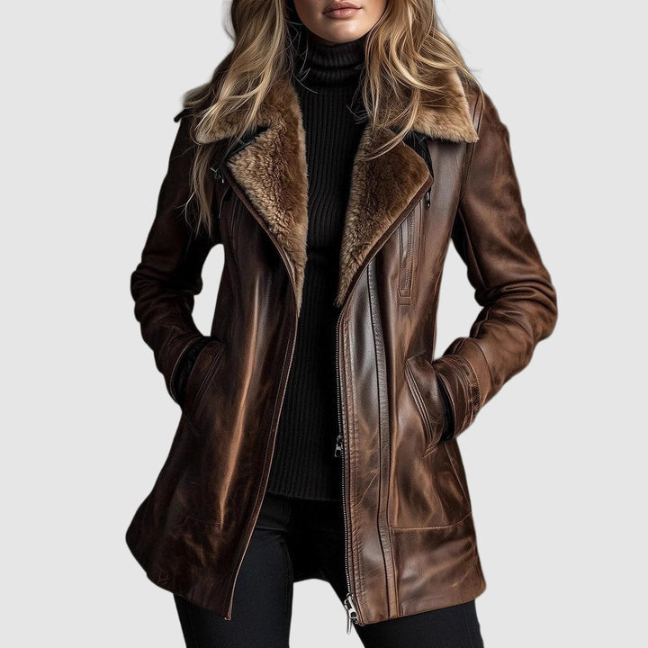 Kira | Womens Faux Leather Winter Coat with Faux Fur Collar