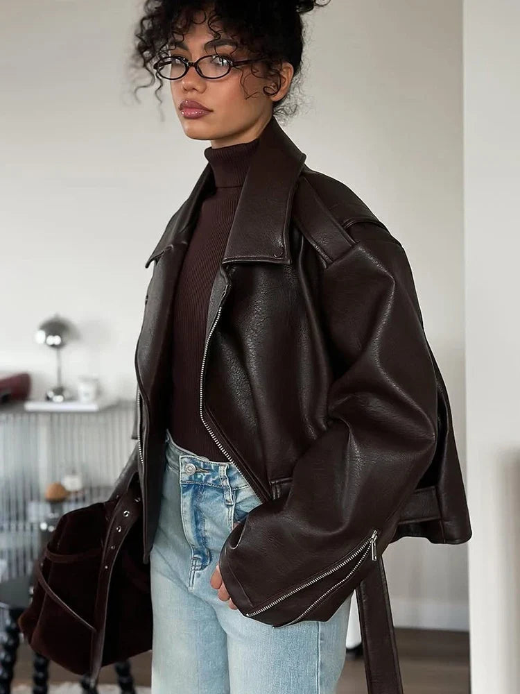 Womens oversized brown faux leather biker jacket, view 6