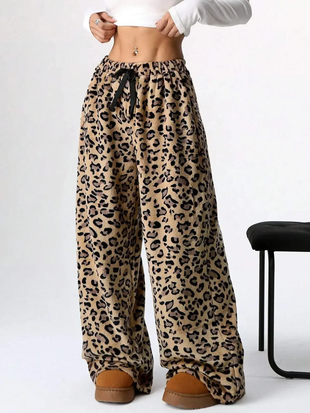 Selene | Leopard Fleece Wide Leg Lounge Pants