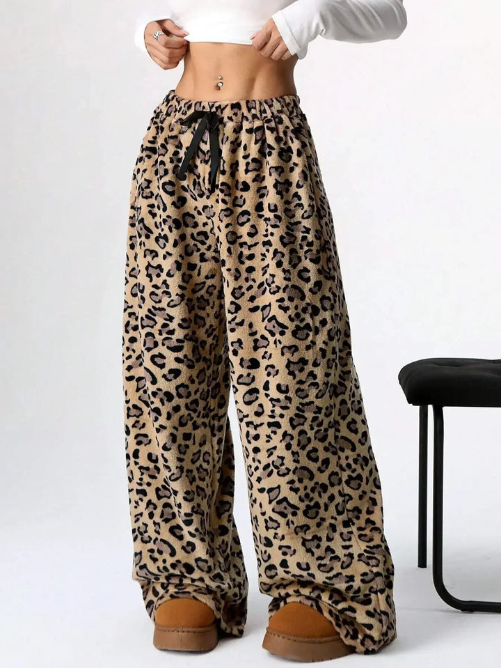 Selene | Leopard Fleece Wide Leg Lounge Pants