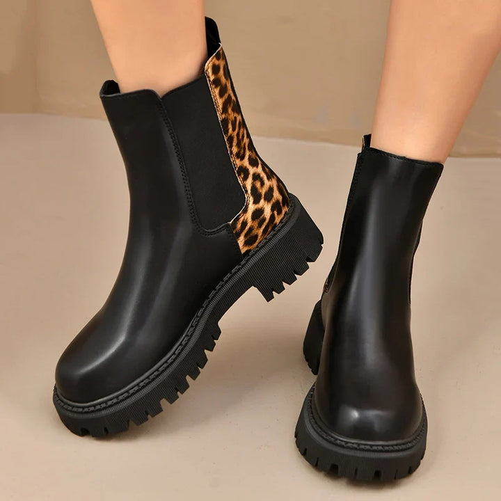 Layla | Womens Leather Leopard Chunky Sole Ankle Boots