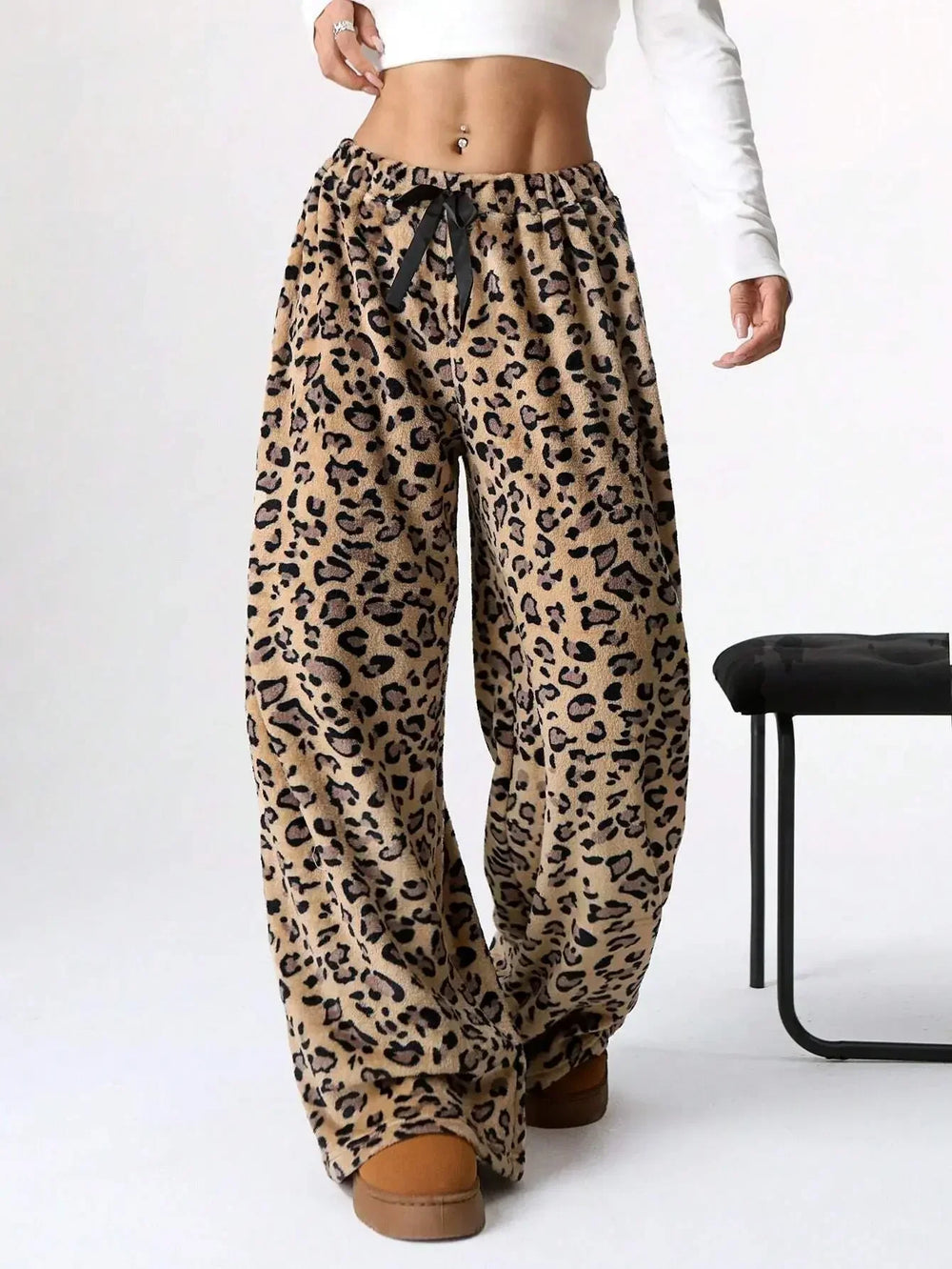 Selene | Leopard Fleece Wide Leg Lounge Pants