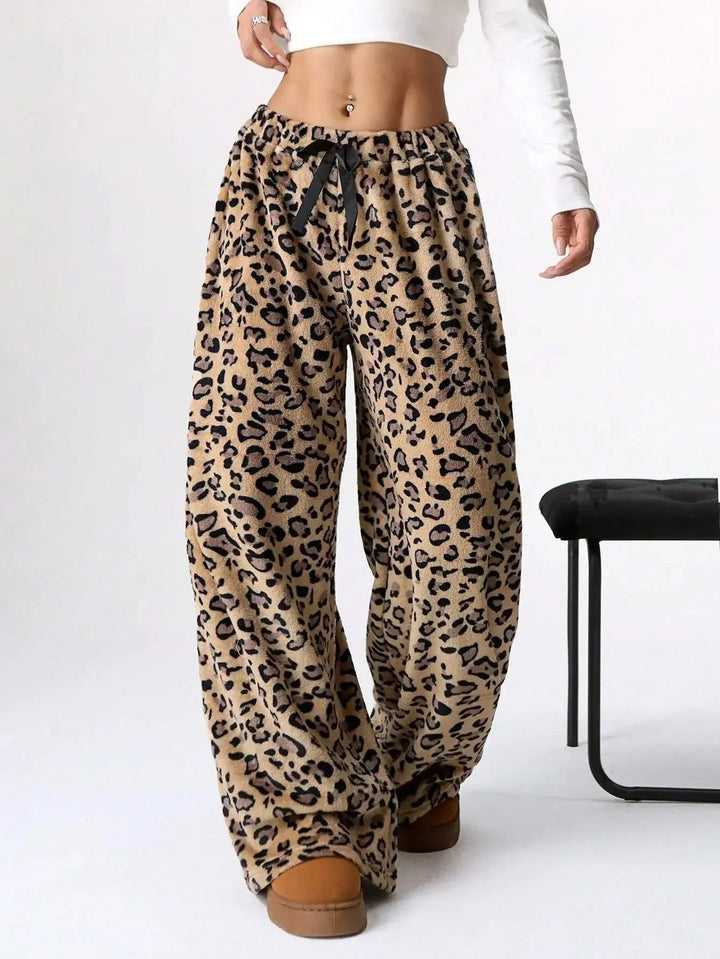 Selene | Leopard Fleece Wide Leg Lounge Pants