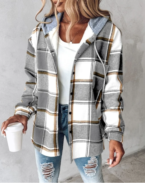 Womens hooded plaid flannel shacket, view 5