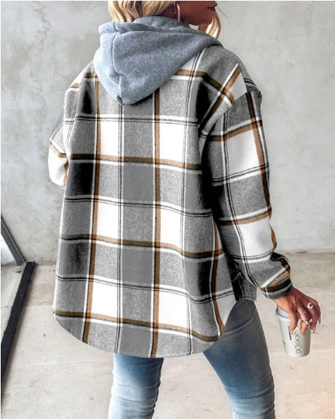 Womens hooded plaid flannel shacket, view 6