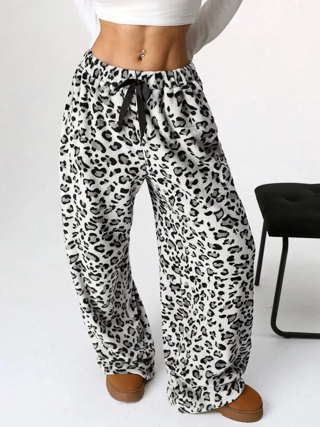 Selene | Leopard Fleece Wide Leg Lounge Pants