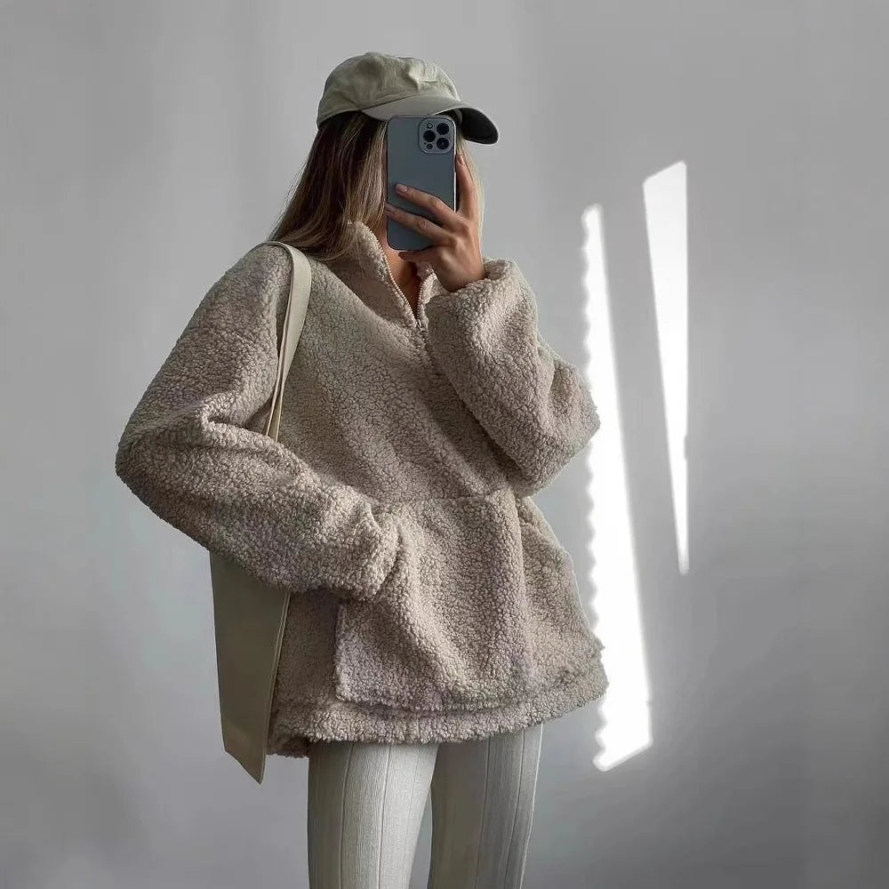 Womens oversized teddy fleece half-zip pullover, view 1