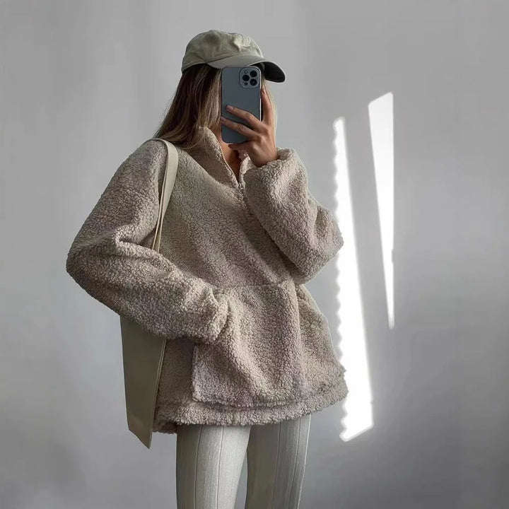 Womens oversized teddy fleece half-zip pullover, view 1