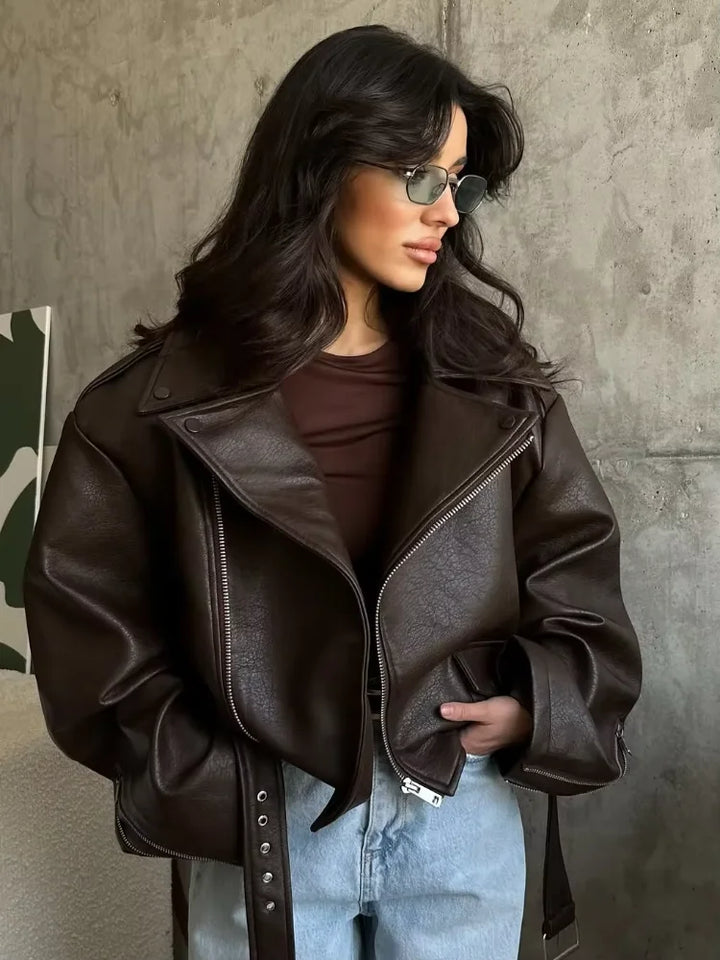 Womens oversized brown faux leather biker jacket, view 1