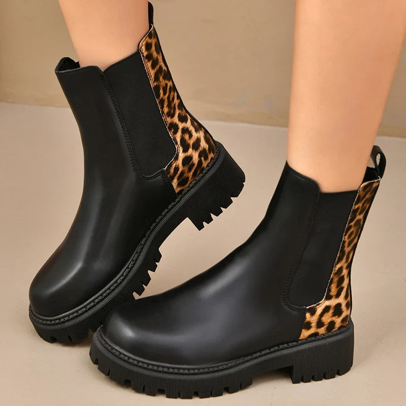 Layla | Womens Leather Leopard Chunky Sole Ankle Boots