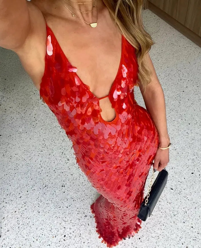 Vivian | Red Sequin Prom Maxi Dress