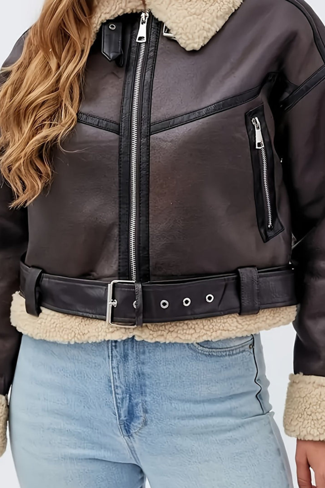 Womens faux leather shearling aviator jacket, view 1