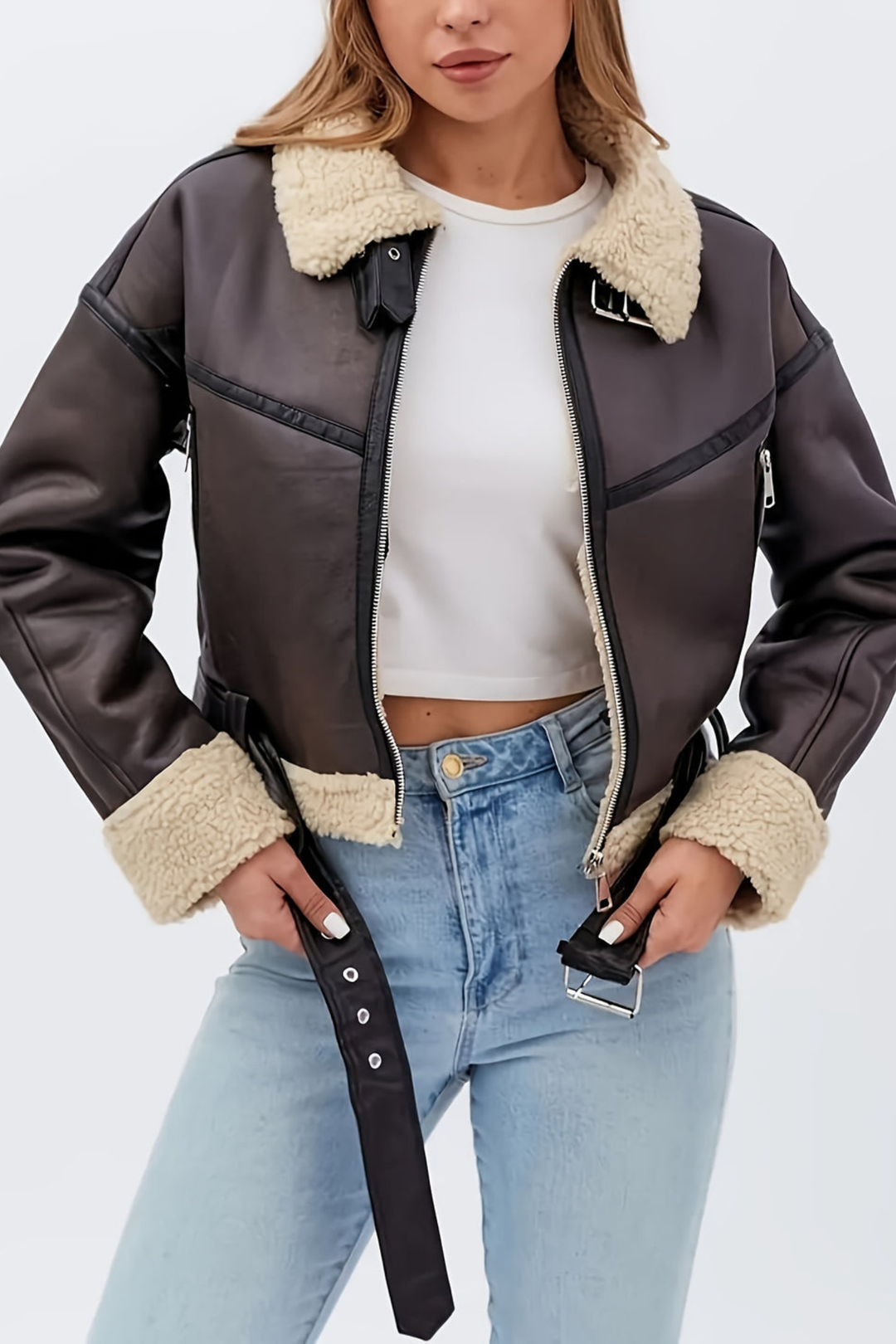 Womens faux leather shearling aviator jacket, view 2