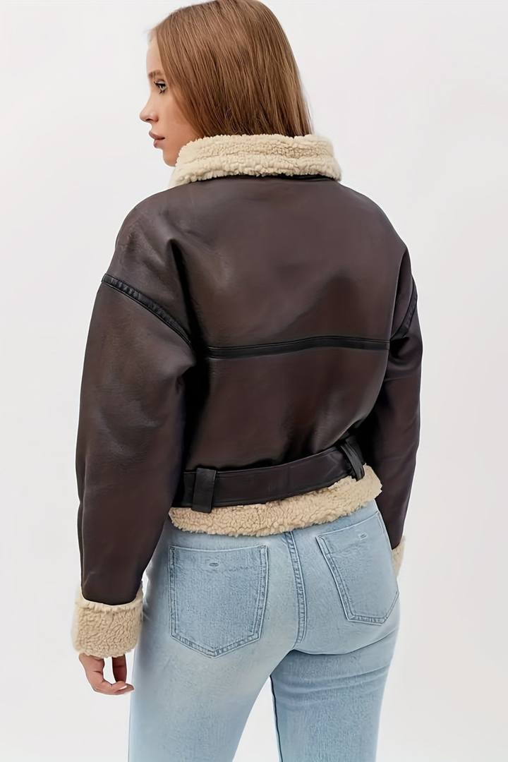 Womens faux leather shearling aviator jacket, view 3