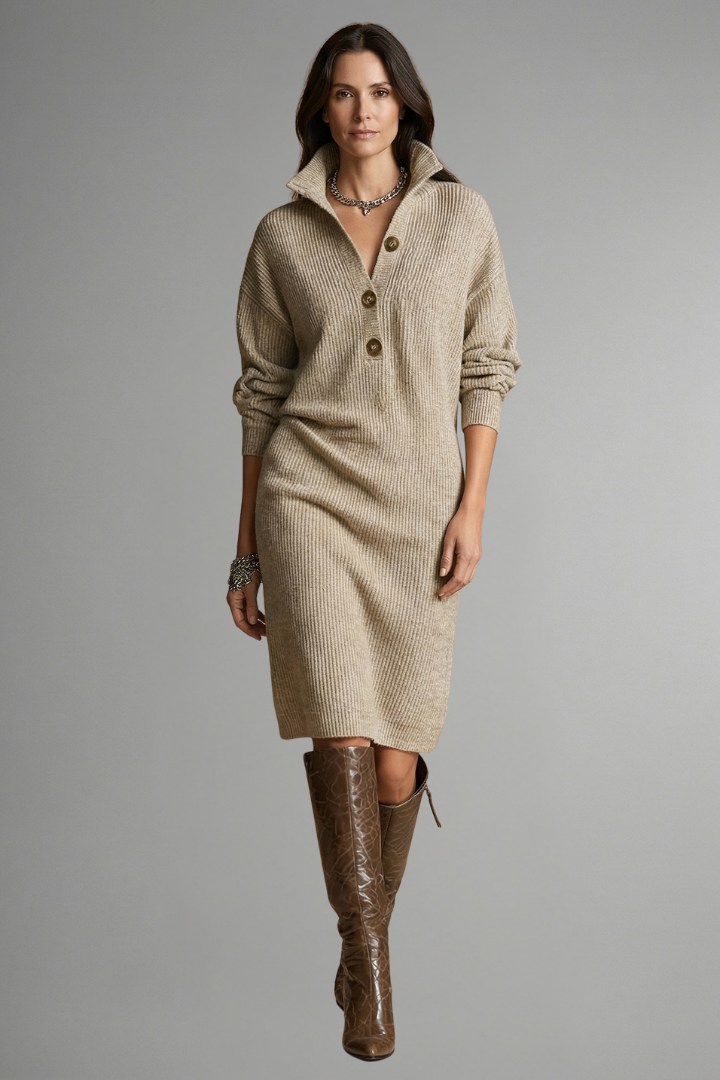 Womens ribbed knit sweater dress high collar, view 2