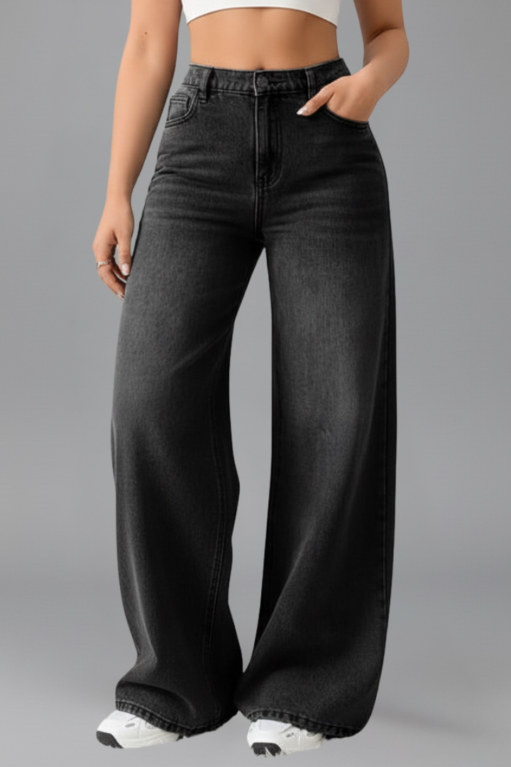 Womens wide leg black jeans high rise, view 1
