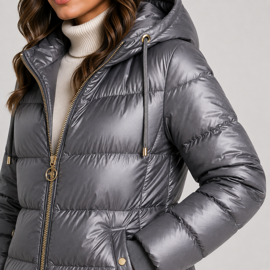 Womens hooded quilted midi puffer coat, view 6