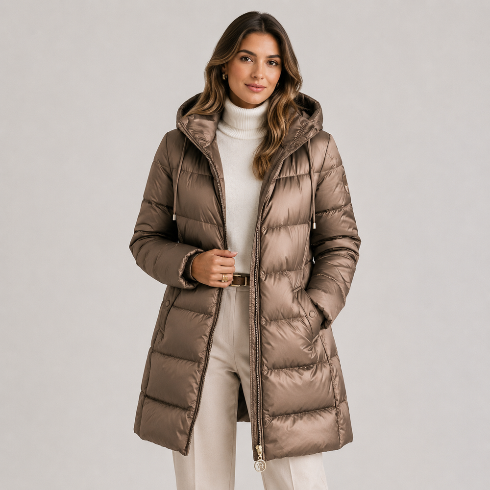 Womens hooded quilted midi puffer coat, view 2