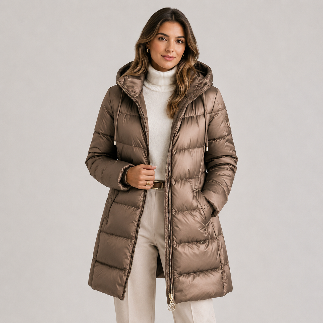 Womens hooded quilted midi puffer coat, view 2