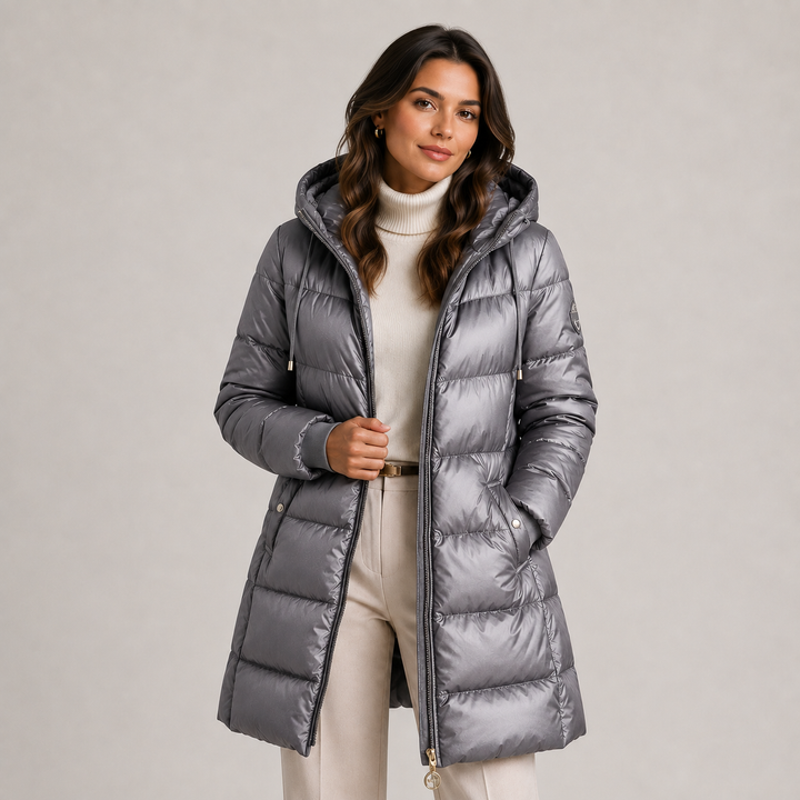 Womens hooded quilted midi puffer coat, view 1
