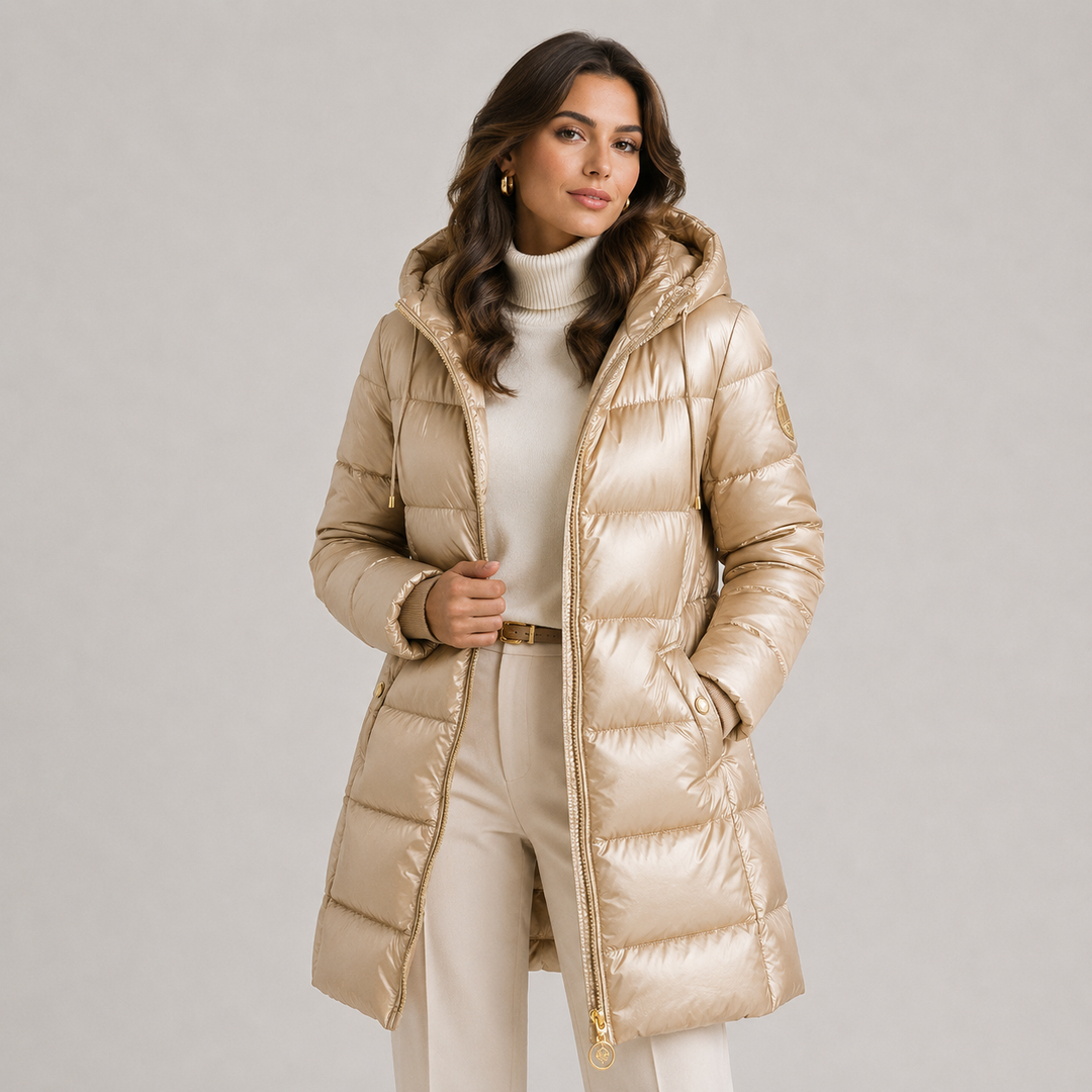 Womens hooded quilted midi puffer coat, view 3