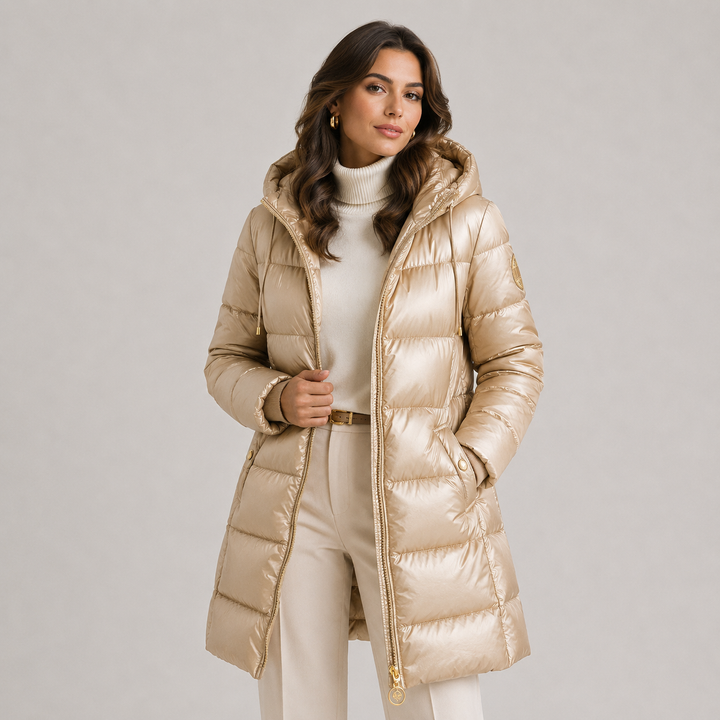 Womens hooded quilted midi puffer coat, view 3