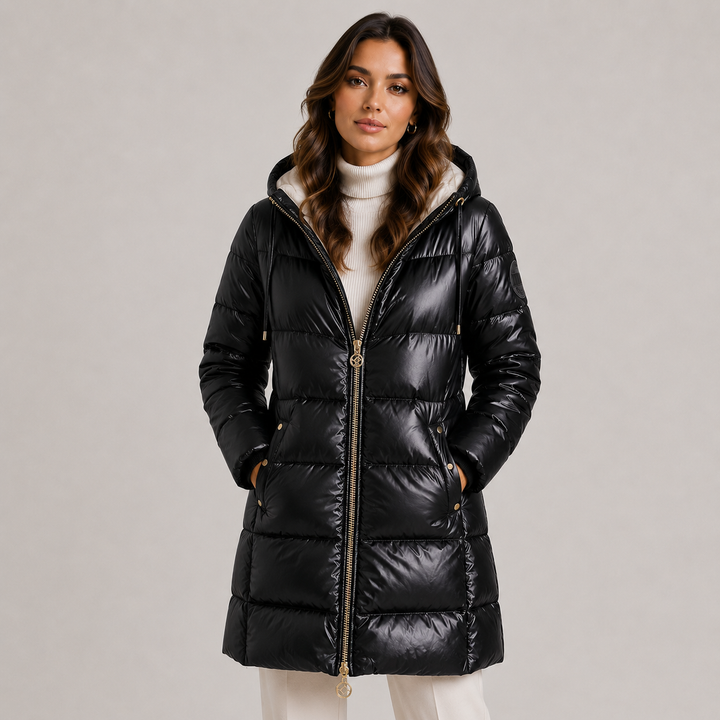 Womens hooded quilted midi puffer coat, view 4