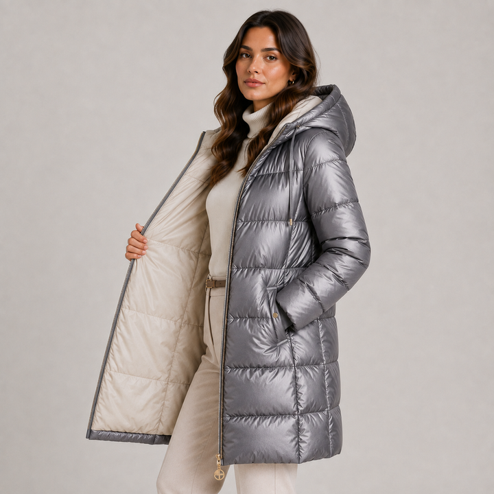 Womens hooded quilted midi puffer coat, view 5