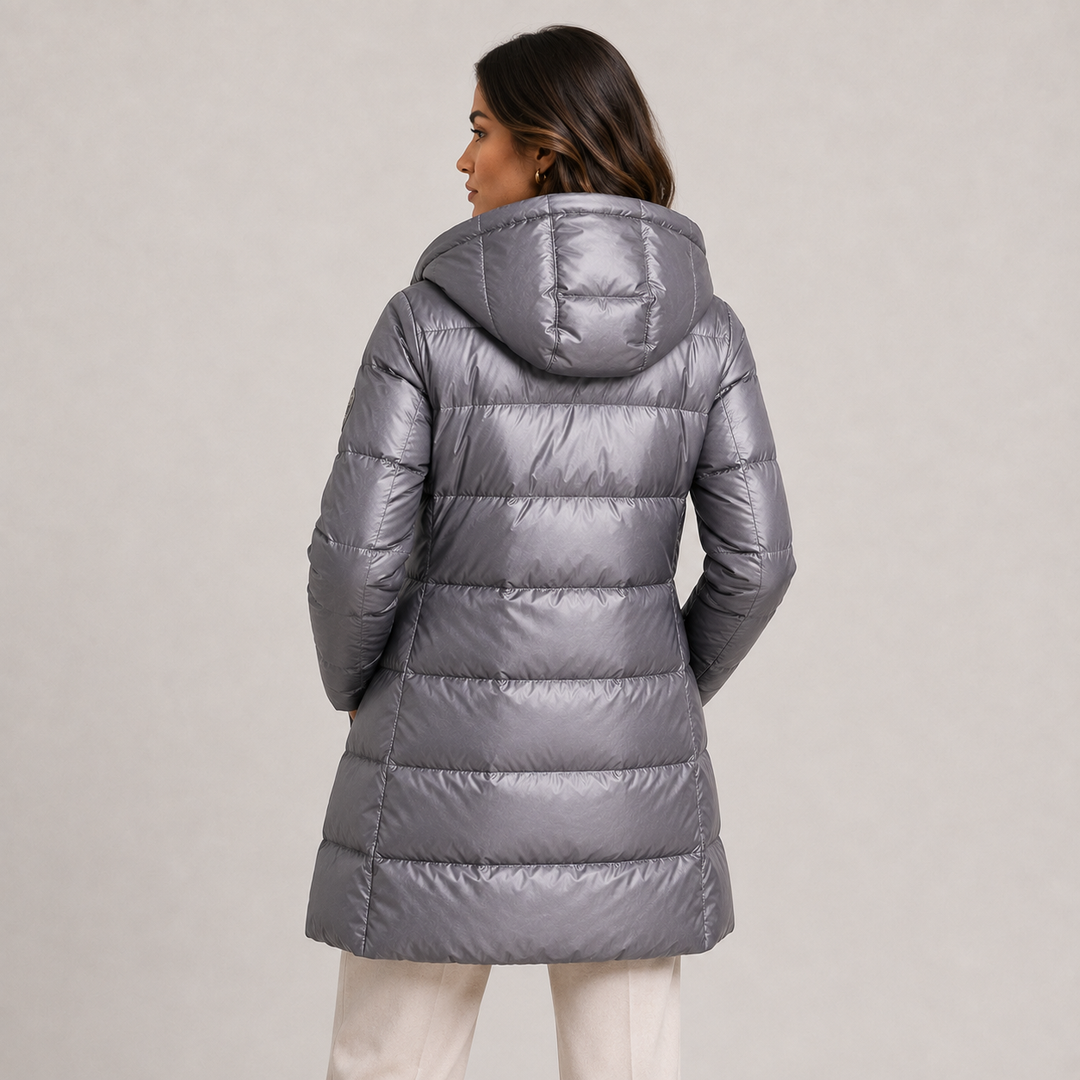 Womens hooded quilted midi puffer coat, view 7