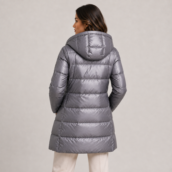 Womens hooded quilted midi puffer coat, view 7