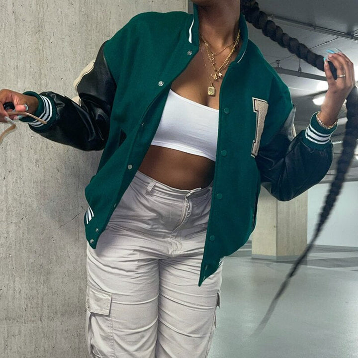 Womens varsity bomber jacket with patches, view 3