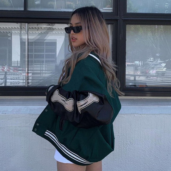 Womens varsity bomber jacket with patches, view 4