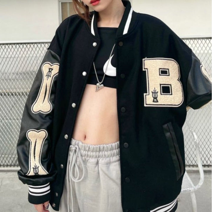 Womens varsity bomber jacket with patches, view 2