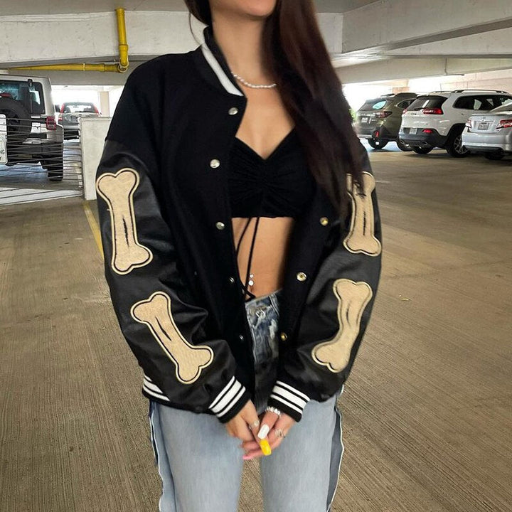 Womens varsity bomber jacket with patches, view 6