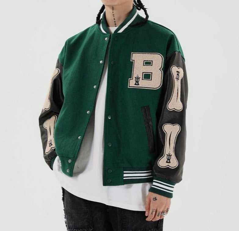 Womens varsity bomber jacket with patches, view 1