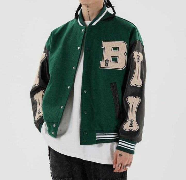 Womens varsity bomber jacket with patches, view 1