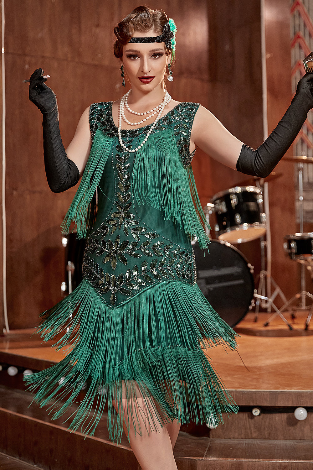 Womens 1920s sequin fringe flapper dress, view 1