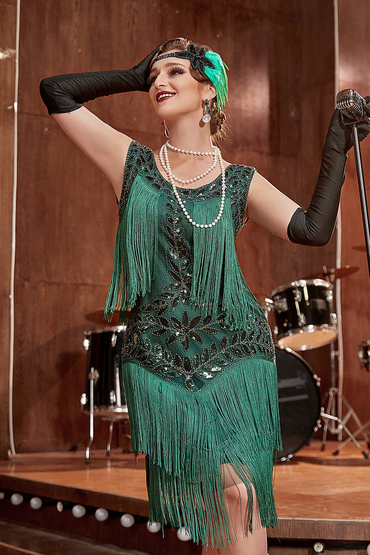 Womens 1920s sequin fringe flapper dress, view 3