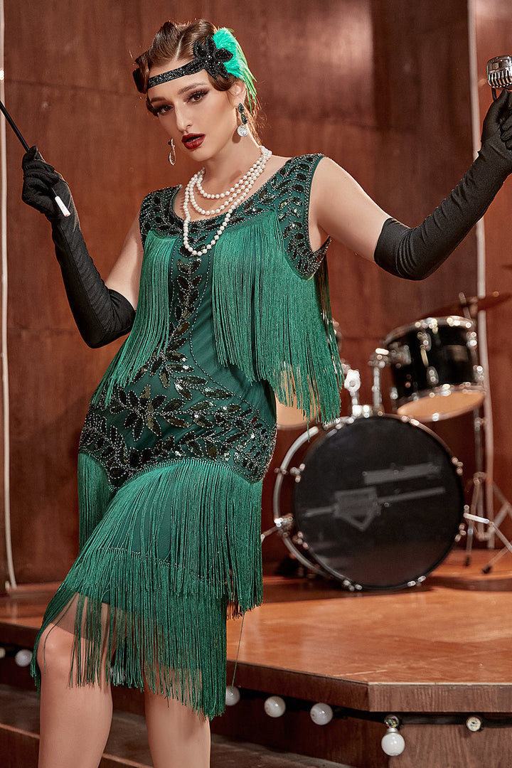 Womens 1920s sequin fringe flapper dress, view 4
