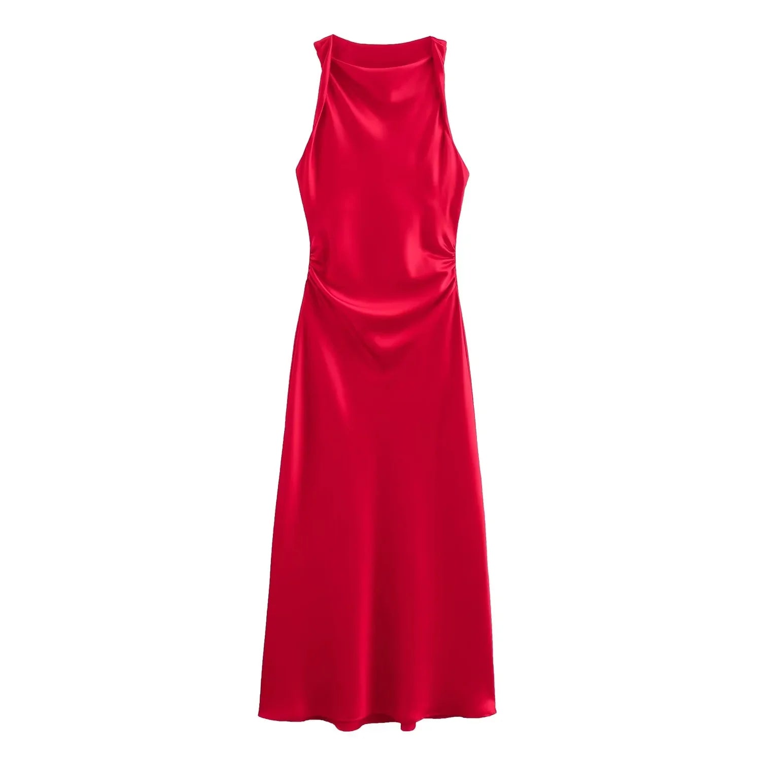 Zara - Satin Halter Midi Dress - Red - M