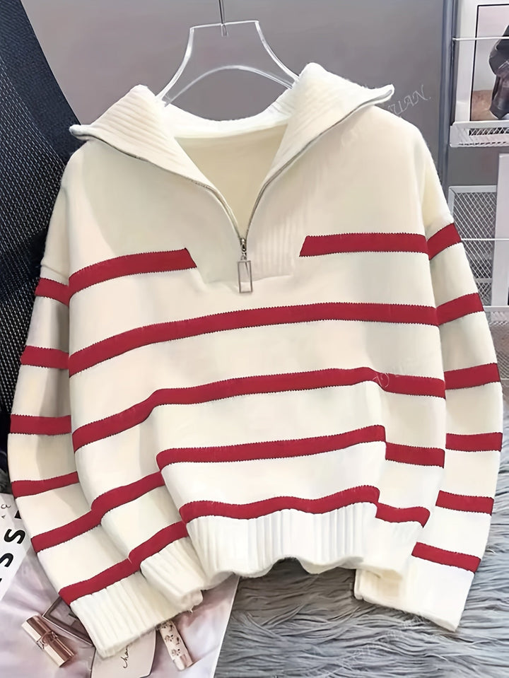 Drew | Quarter Zip Striped Relaxed Sweater with Collar