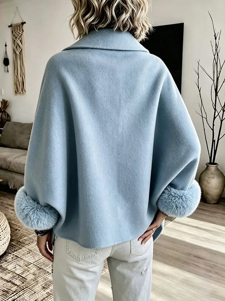Paige | Light Blue Wool Blend Oversized Coat with Faux Fur Cuffs