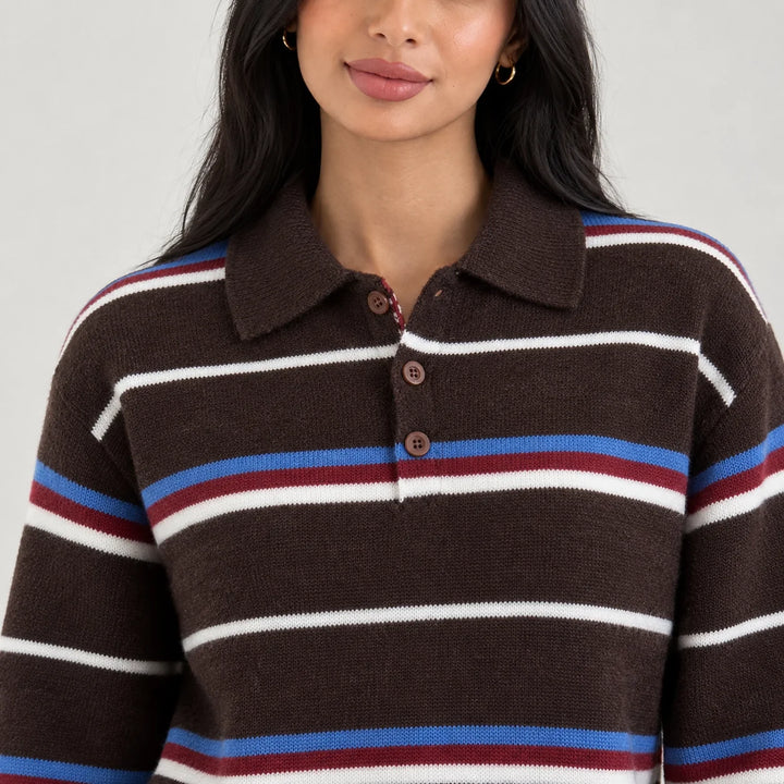 Mila | Striped Collared Polo Sweater Relaxed Fit Long Sleeves