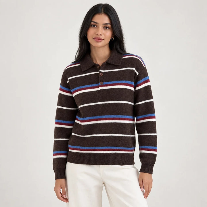 Mila | Striped Collared Polo Sweater Relaxed Fit Long Sleeves