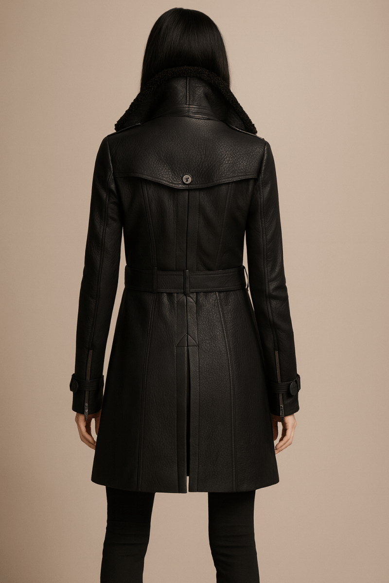 Opal | Womens Faux Leather Double-Breasted Belted Pea Coat