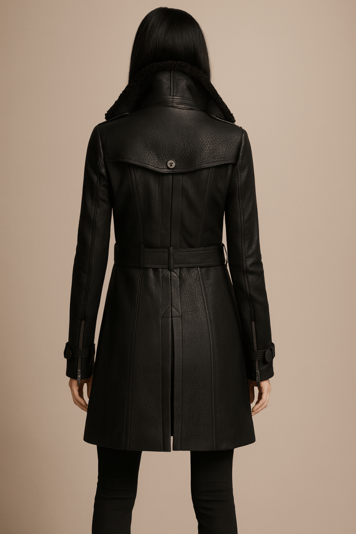 Opal | Womens Faux Leather Double-Breasted Belted Pea Coat