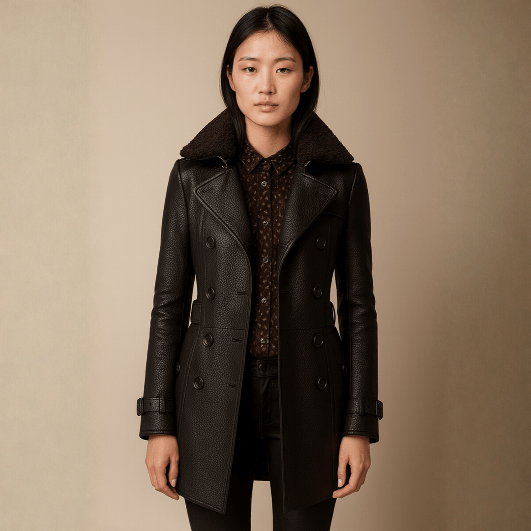 Opal | Womens Faux Leather Double-Breasted Belted Pea Coat
