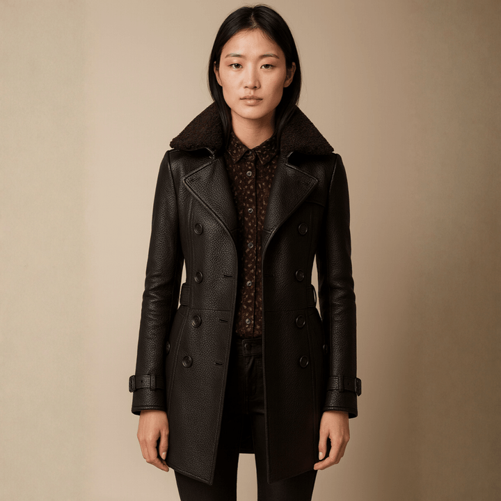 Opal | Womens Faux Leather Double-Breasted Belted Pea Coat