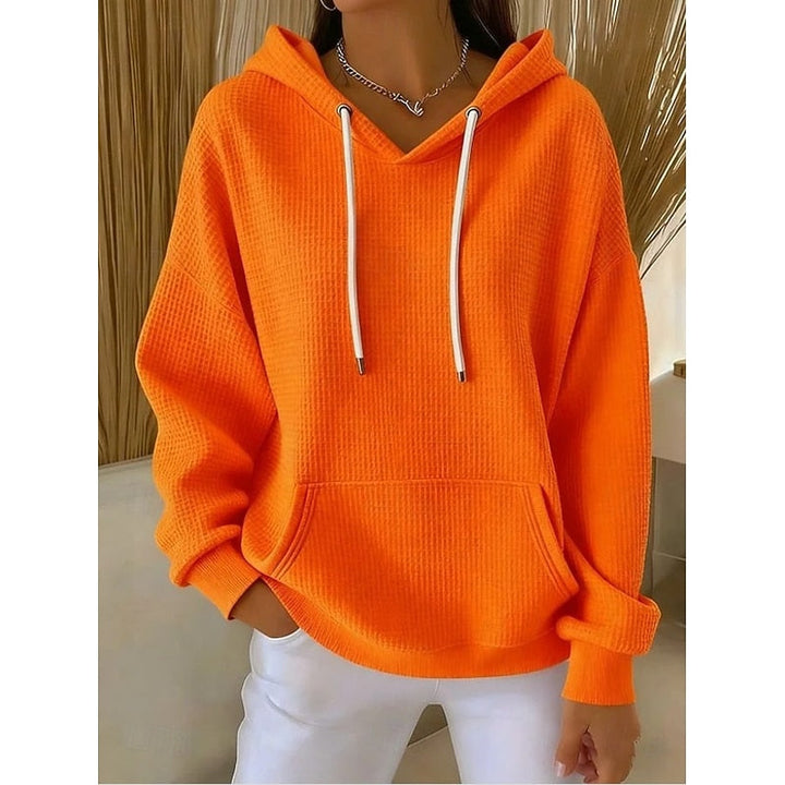 Womens oversized waffle knit hoodie kangaroo pocket, view 2