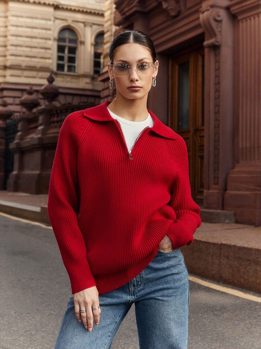 Womens quarter-zip ribbed knit sweater, view 2